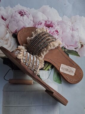 kate spade Beige Beaded Fringe Slide Sandals